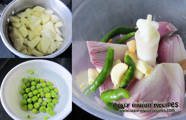 Chop the Potatoes in cubes, keep green peas in water and put the onion, ginger, garlic and green chillies in a chopper. Chop the Potatoes in cubes, keep green peas in water and put the onion, ginger, garlic and green chillies in a chopper.