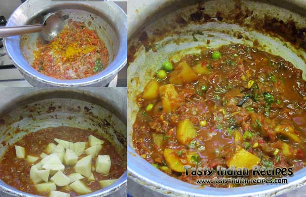 Add spices, milk, cream and saffron. When the gravy gets little cooked, add chopped aloo and matar and mix again Add spices, milk, cream and saffron. When the gravy gets little cooked, add chopped aloo and matar and mix again