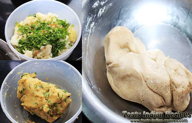 Mash aloo in a bowl and add salt, spices and chopped coriander leaves. Mix well and make a dough. Also make flour dough and keep aside Mash aloo in a bowl and add salt, spices and chopped coriander leaves. Mix well and make a dough. Also make flour dough and keep aside