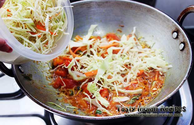 Add Shredded Cabbage and mix very well Add Shredded Cabbage and mix very well