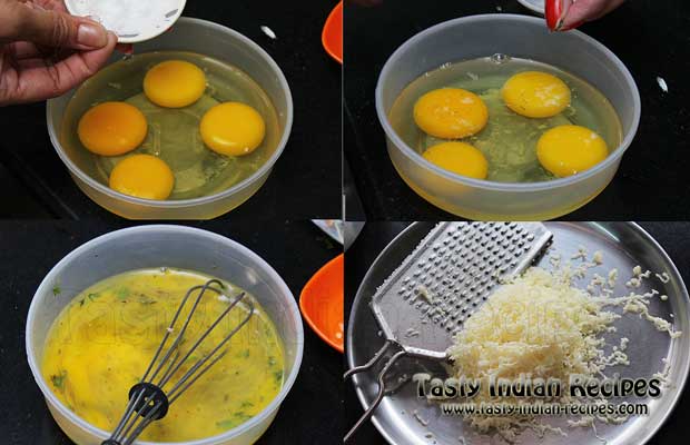 Add black pepper powder and salt to taste. Mix very well and keep aside. Grate 2 cubes of cheese and keep aside