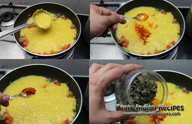 Now add mashed dal, red chilli powder, turmeric powder and kasuri methi Now add mashed dal, red chilli powder, turmeric powder and kasuri methi