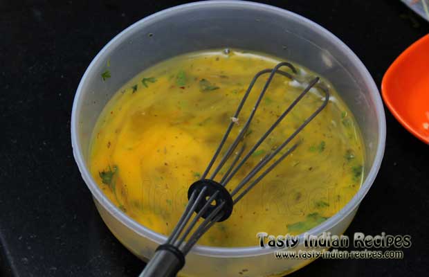 Whisk the eggs thoroughly and mix all the ingredients very well in it Whisk the eggs thoroughly and mix all the ingredients very well in it