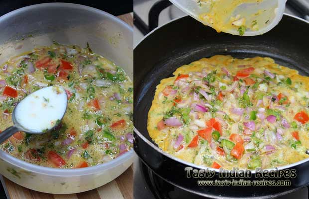 Add 1 tablespoon milk. Mix and pour the egg mixture in heating oil Add 1 tablespoon milk. Mix and pour the egg mixture in heating oil