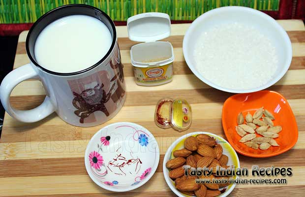 Ingredients require for making Saffron Flavored Almond Milk (Milk, Sugar, Saffron, Almonds, Green Cardamom and Cardamom powder) Ingredients require for making Saffron Flavored Almond Milk (Milk, Sugar, Saffron, Almonds, Green Cardamom and Cardamom powder)