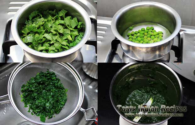Boil the Spinach and Green peas separately. Drain the spinach and blend into a smooth puree Boil the Spinach and Green peas separately. Drain the spinach and blend into a smooth puree