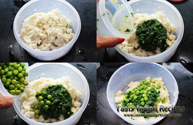Mash boiled potatoes, add spinach puree along with boiled green peas and mix very well Mash boiled potatoes, add spinach puree along with boiled green peas and mix very well