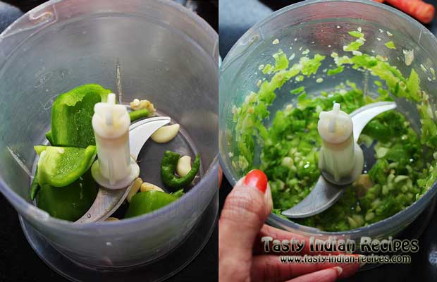 Mix ginger, garlic, green chilies and capsicum in chopper and chop very finely Mix ginger, garlic, green chilies and capsicum in chopper and chop very finely