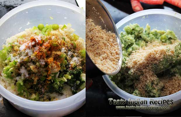 Add capsicum mixture in the bowl of boiled potatoes and mix breadcrumbs in it. Finally add red chili powder, turmeric powder, coriander powder, black pepper powder, garam masala powder, dried mango powder and salt to taste. Knead like a dough and make oval shaped kebabs from it Add capsicum mixture in the bowl of boiled potatoes and mix breadcrumbs in it. Finally add red chili powder, turmeric powder, coriander powder, black pepper powder, garam masala powder, dried mango powder and salt to taste. Knead like a dough and make oval shaped kebabs from it