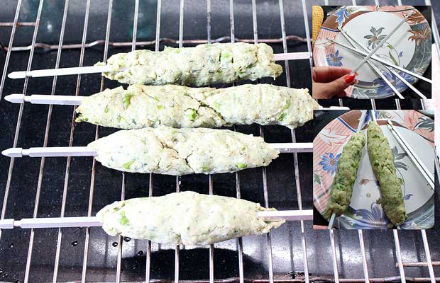 Apply some oil on wooden skewers and arrange the kebabs in it. Place the Kebabs onto the Skewers and then place on the grill Apply some oil on wooden skewers and arrange the kebabs in it. Place the Kebabs onto the Skewers and then place on the grill