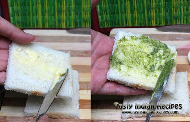 Apply little bit of butter and coriander chuntey on bread slices Apply little bit of butter and coriander chuntey on bread slices