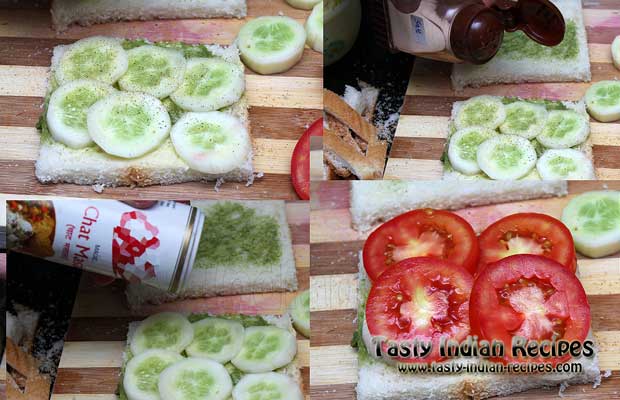 Place few pieces of cucumber and sprinkle salt and chaat masala powder. Then arrange few pieces of tomatoes as well Place few pieces of cucumber and sprinkle salt and chaat masala powder. Then arrange few pieces of tomatoes as well